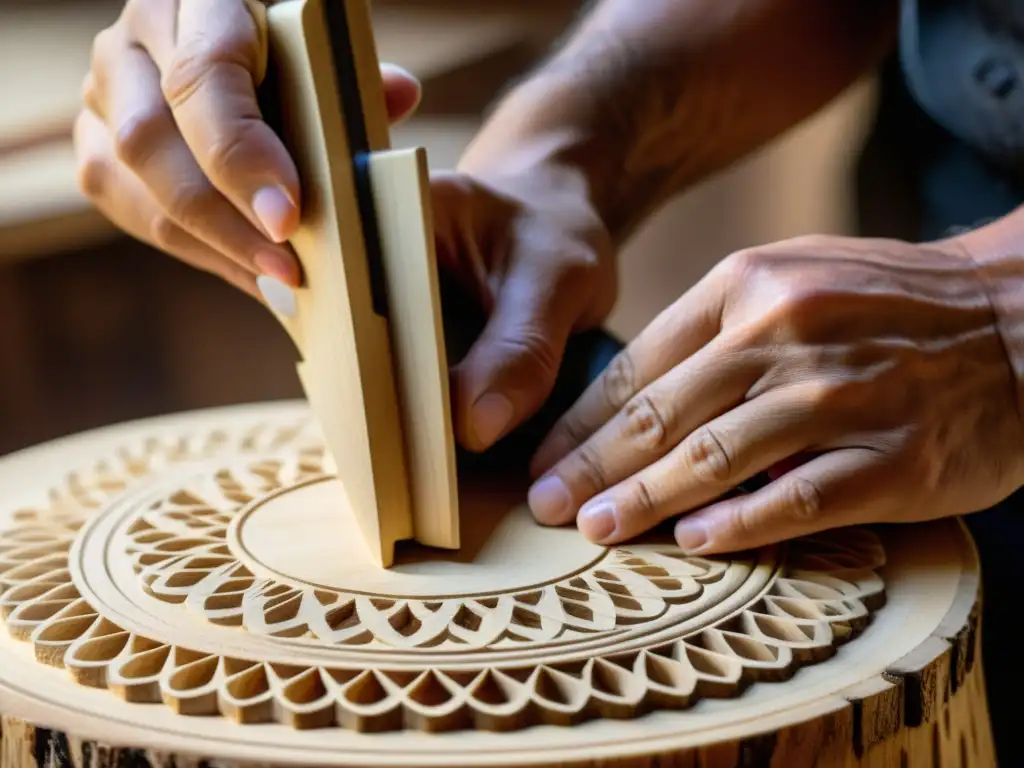 Un artesano experto talla diseños intrincados en la madera de un cajón flamenco, resaltando la belleza natural del material