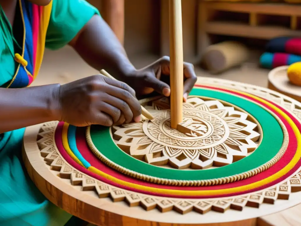 Un artesano experto talla diseños intrincados en una gaita de madera rodeado de textiles y instrumentos musicales coloridos, fusionando tradición e innovación en el proceso de construcción