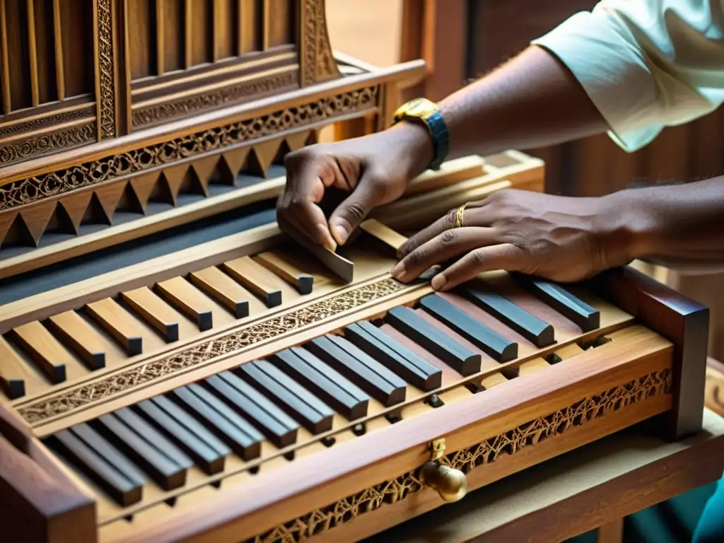 Un artesano experto talla diseños intrincados en un armonio indio, resaltando la historia y sonido del harmonium indio