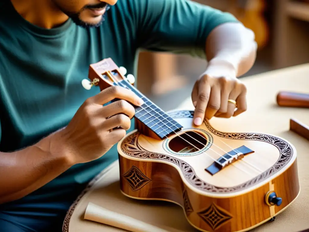 Un artesano experto crea un ukelele ecológico con madera sostenible, mostrando pasión por la artesanía ecofriendly