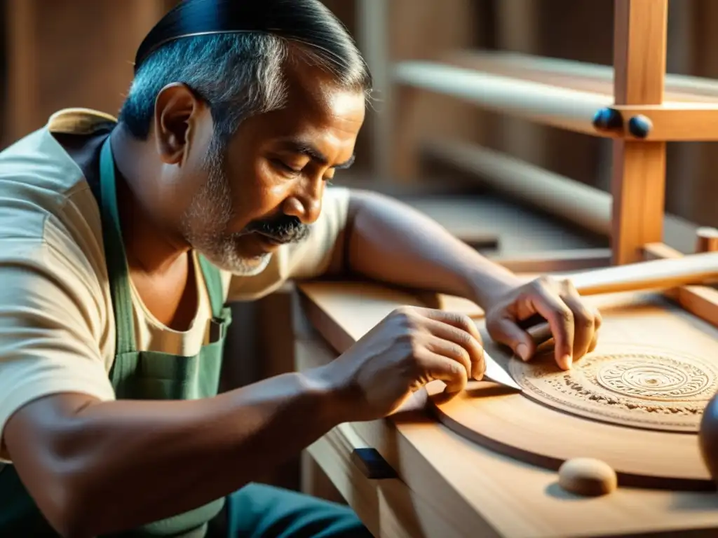 Un artesano experto construye con esmero el marco de madera de un arpa paraguaya, resaltado por una cálida luz natural