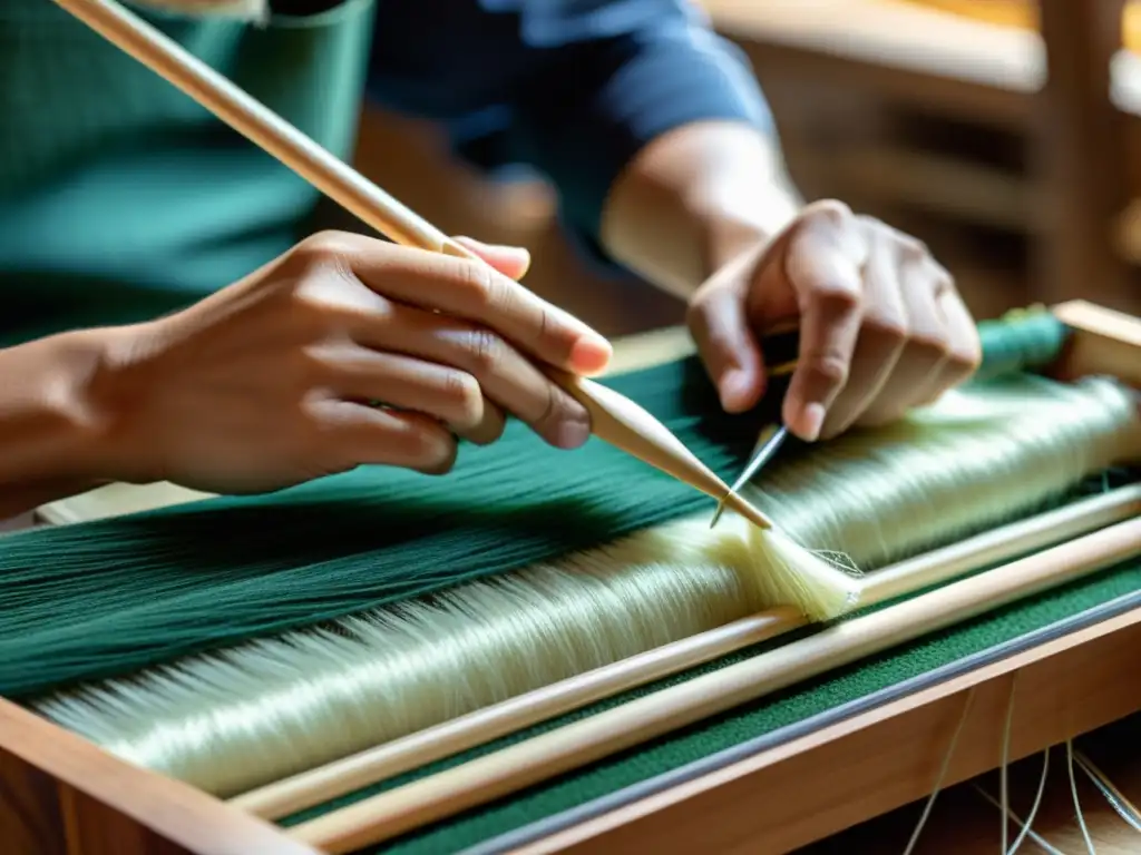 Artesano experto tejiendo cuerdas de instrumento Un artesano experto teje con precisión fibras naturales y sintéticas para crear cuerdas de instrumentos de alta calidad
