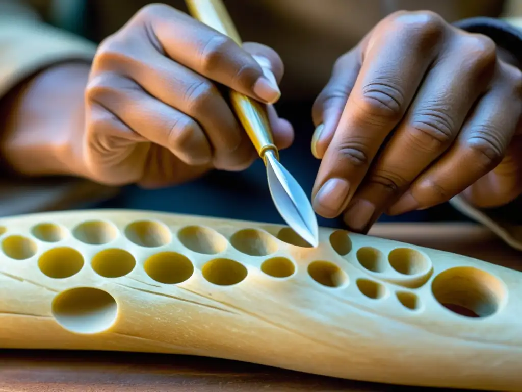 Un artesano experto esculpe una flauta de hueso de pájaro prehistórica en un taller rústico, creando una obra de arte culturalmente auténtica