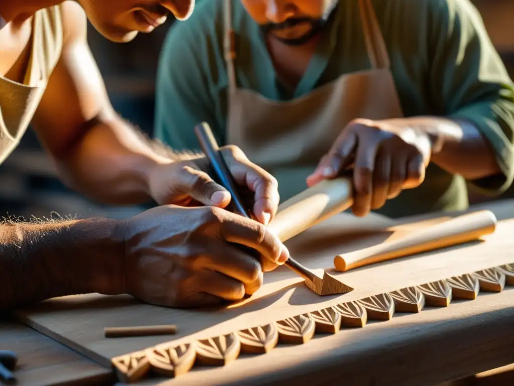 Un artesano experto tallando una flauta de madera con detalles intrincados, resaltando las técnicas de viento en educación musical