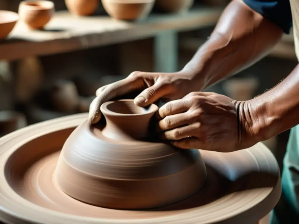 Un artesano experto da forma a la arcilla en el torno, creando instrumentos cerámicos únicos, en un ambiente cálido y lleno de dedicación