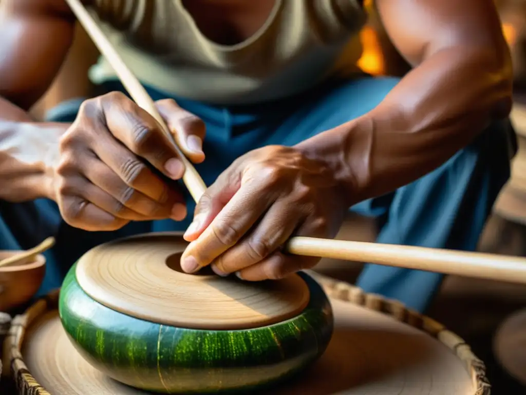 Un artesano experto da forma a un berimbau de madera cruda, destacando la historia del berimbau africano con meticulosos detalles artesanales