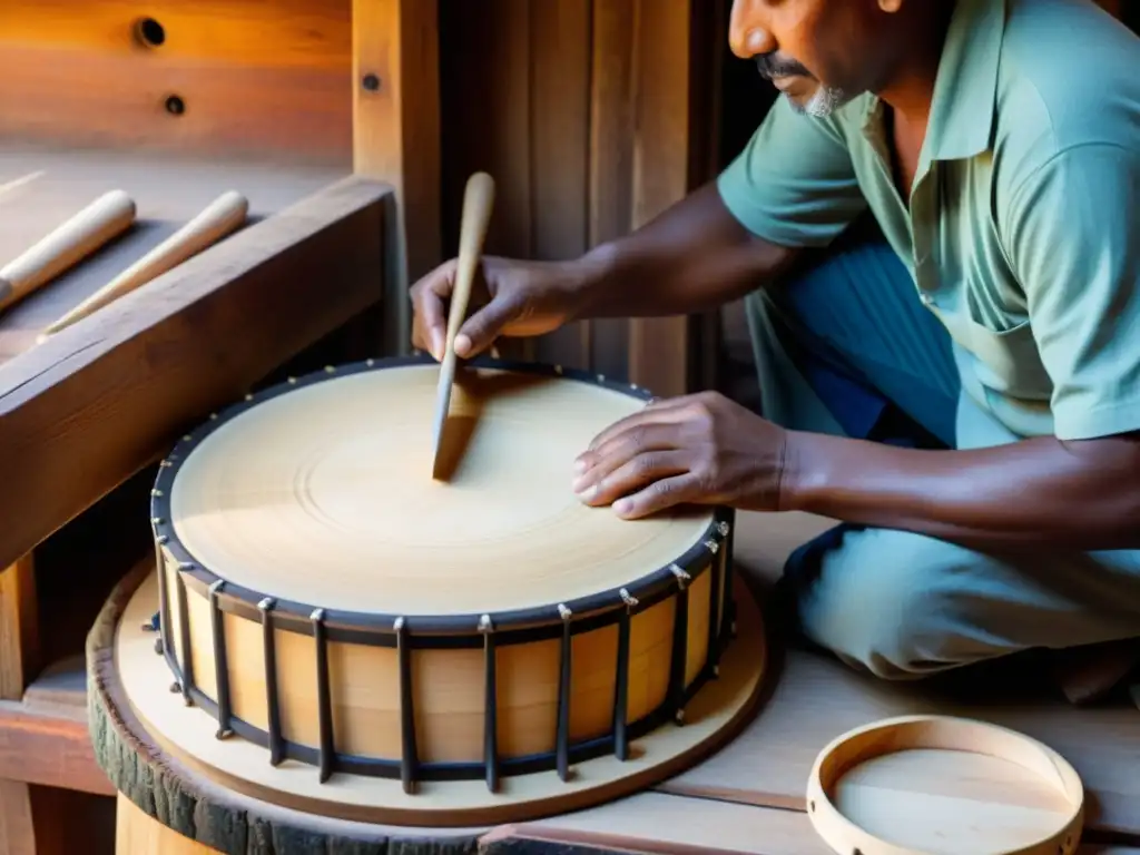 Un artesano experto dando forma a una caja vallenata, resaltando la historia, construcción y sonido de este icónico instrumento musical