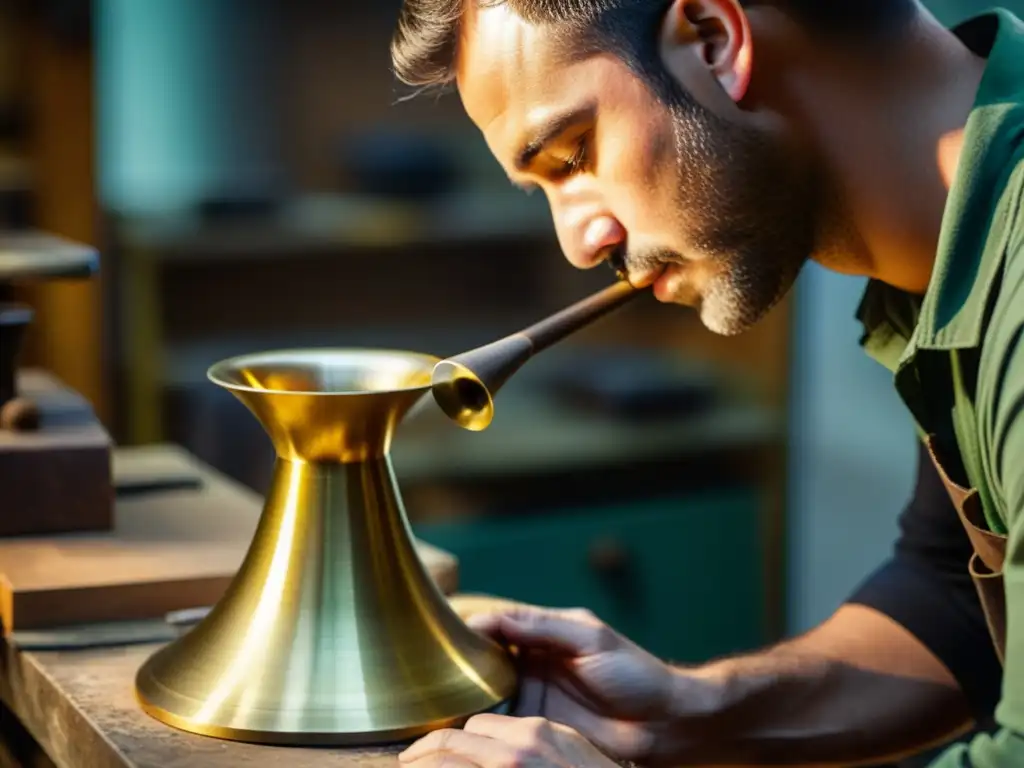 Un artesano experto da forma a una campana de trompeta con latón crudo, resplandeciendo bajo la cálida luz del taller