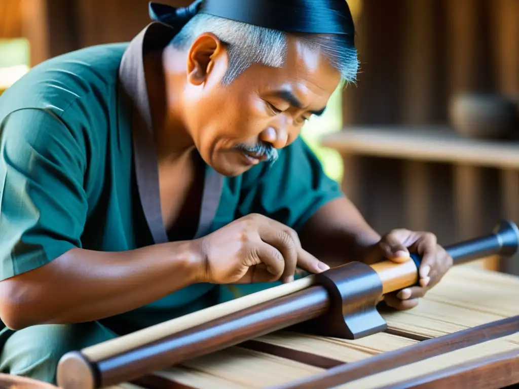 Un artesano experto da forma a un ajaeng coreano, mostrando la rica resonancia grave del instrumento y la meticulosidad artesanal