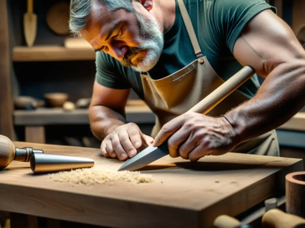 Un artesano experto da forma a un Crumhorn con madera envejecida en su taller atmosférico