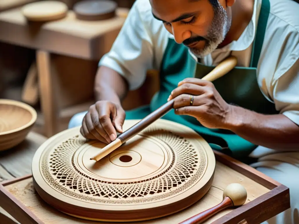 Un artesano experto da forma a un rebab árabe con detalle, resaltando la historia y sonido del instrumento