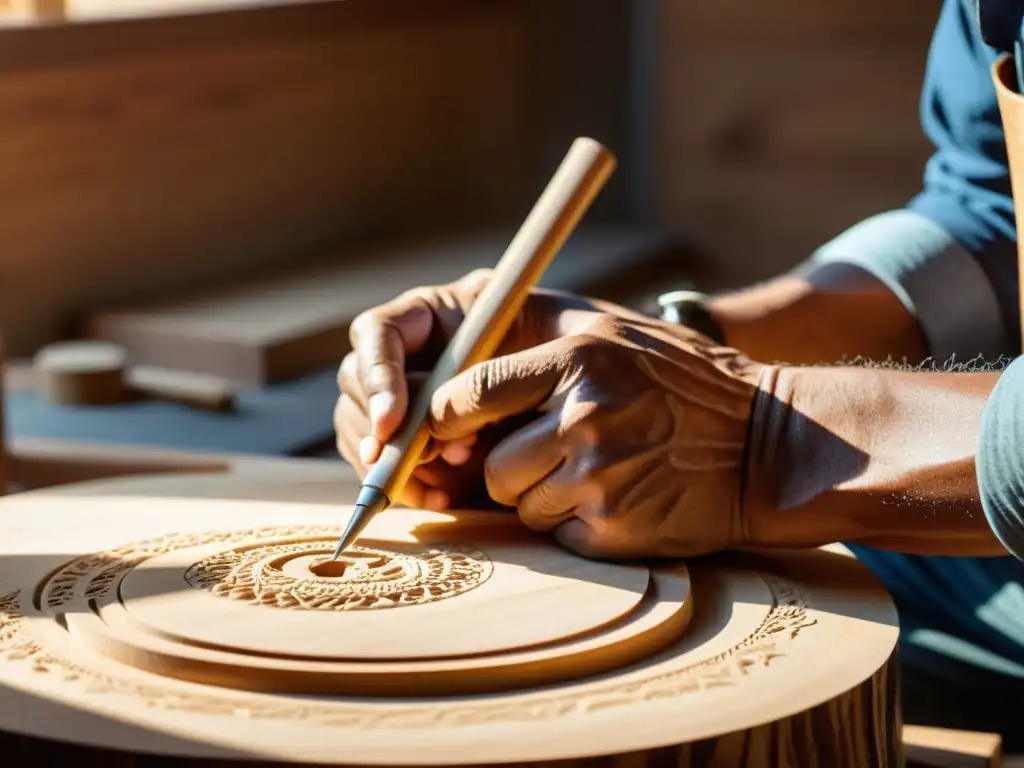 Un artesano experto da forma a una hermosa guitarra de madera sostenible