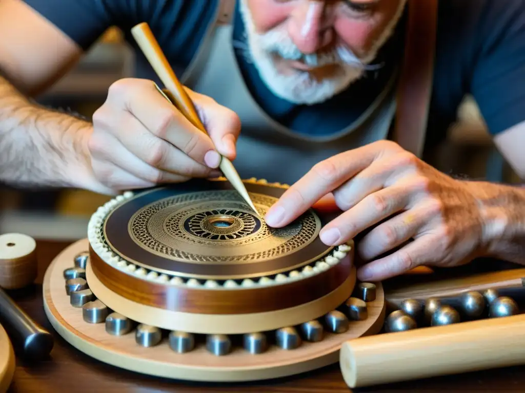 Un artesano experto da forma a un instrumento musical análogo en su taller, rodeado de herramientas y materiales detalladamente elaborados