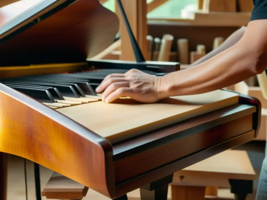 Un artesano experto da forma y lija con detalle un piano de cola para niños en un taller de madera tradicional, rodeado de herramientas y virutas de madera