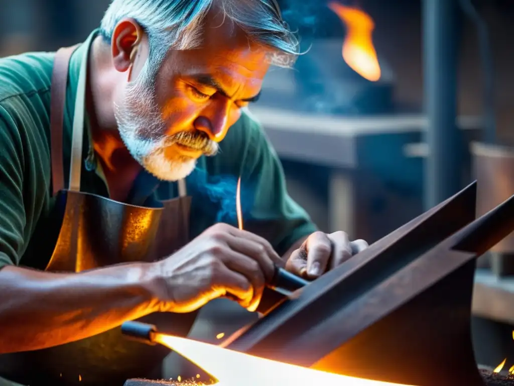 Un artesano experto da forma a metal fundido para construcción de instrumentos de viento metálicos tradicionales