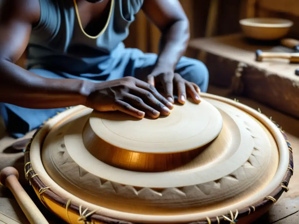 Un artesano experto da forma al Mridangam con precisión y destreza, destacando la historia y construcción del instrumento