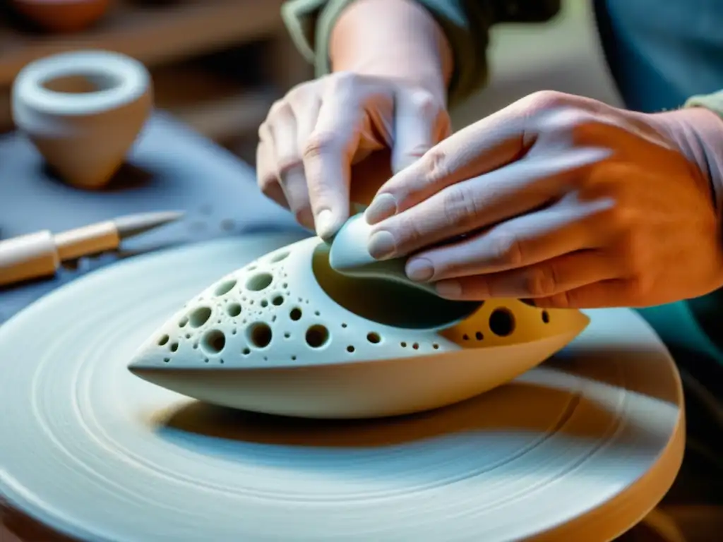 Un artesano experto da forma a una ocarina de cerámica, resaltando la importancia de la cerámica en ocarinas