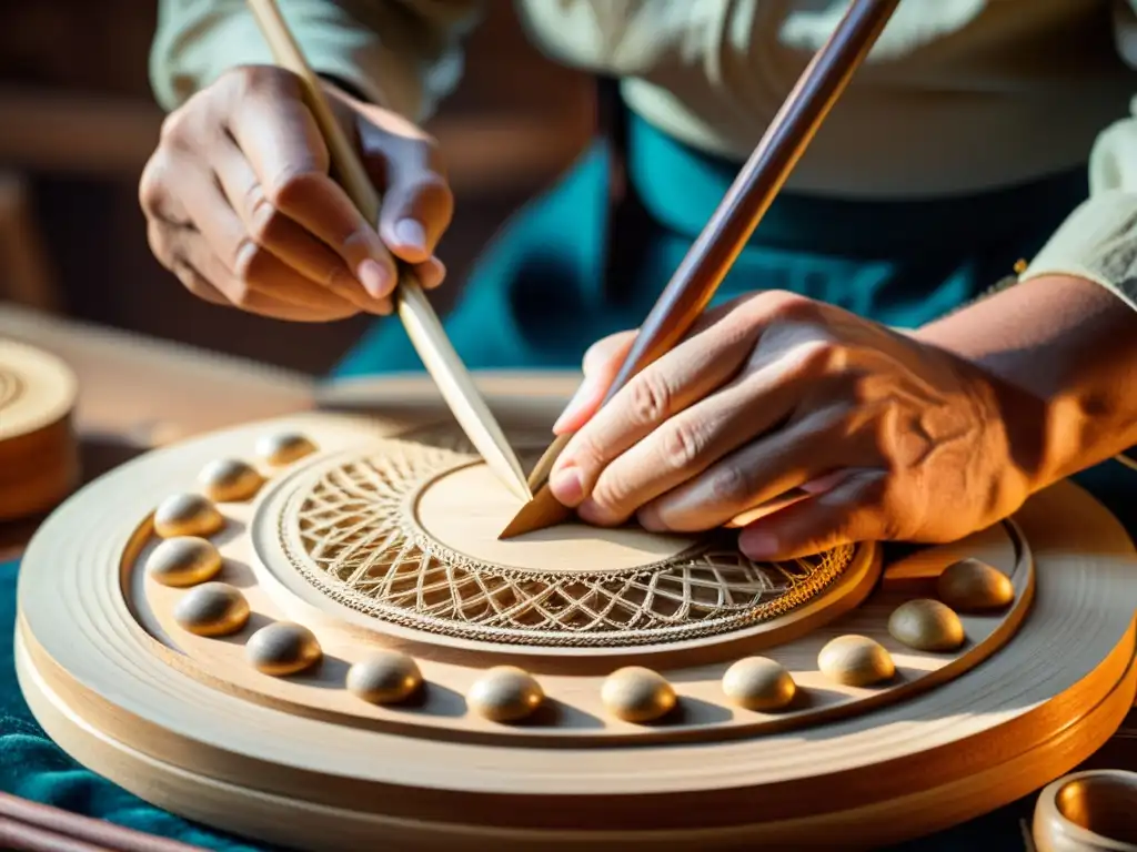 Un artesano experto da forma con precisión a un instrumento musical tradicional, resaltando la artesanía y la herencia