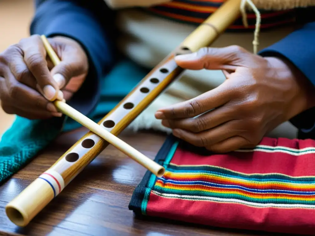 Un artesano experto da forma a una quena andina con materiales tradicionales