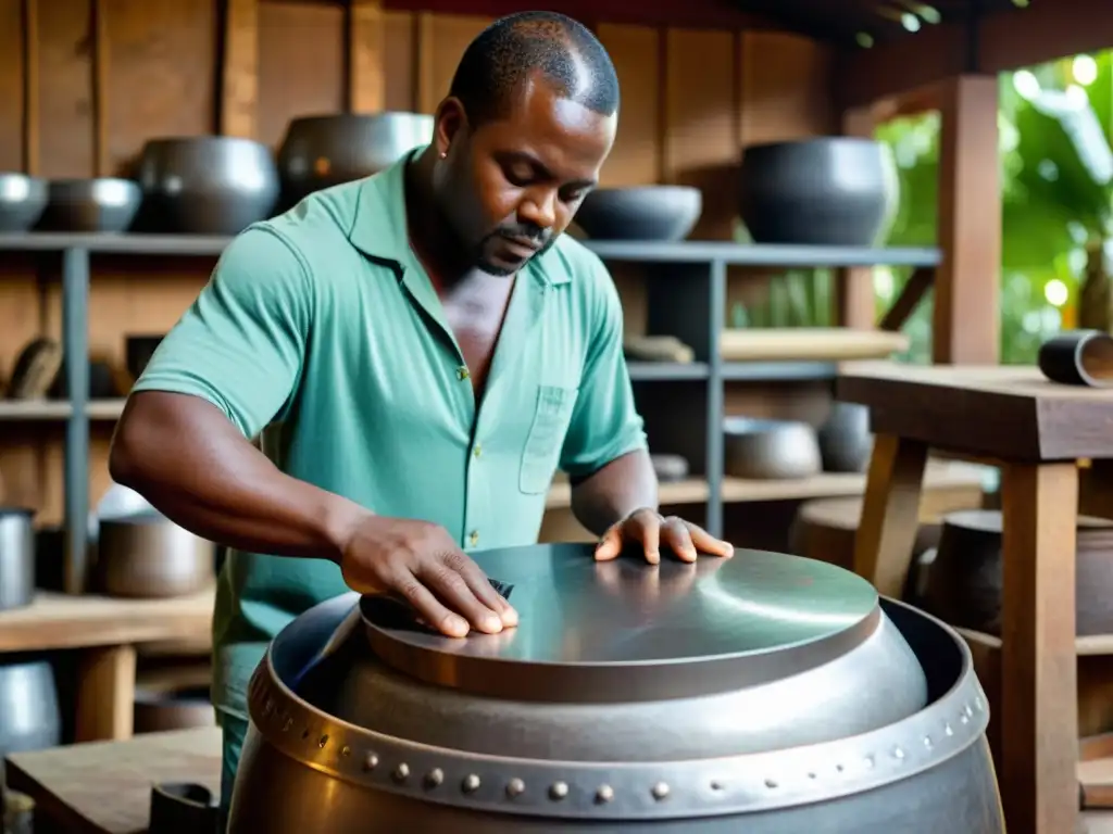 Un artesano experto da forma y ajusta meticulosamente un steel drum, rodeado de herramientas y materiales