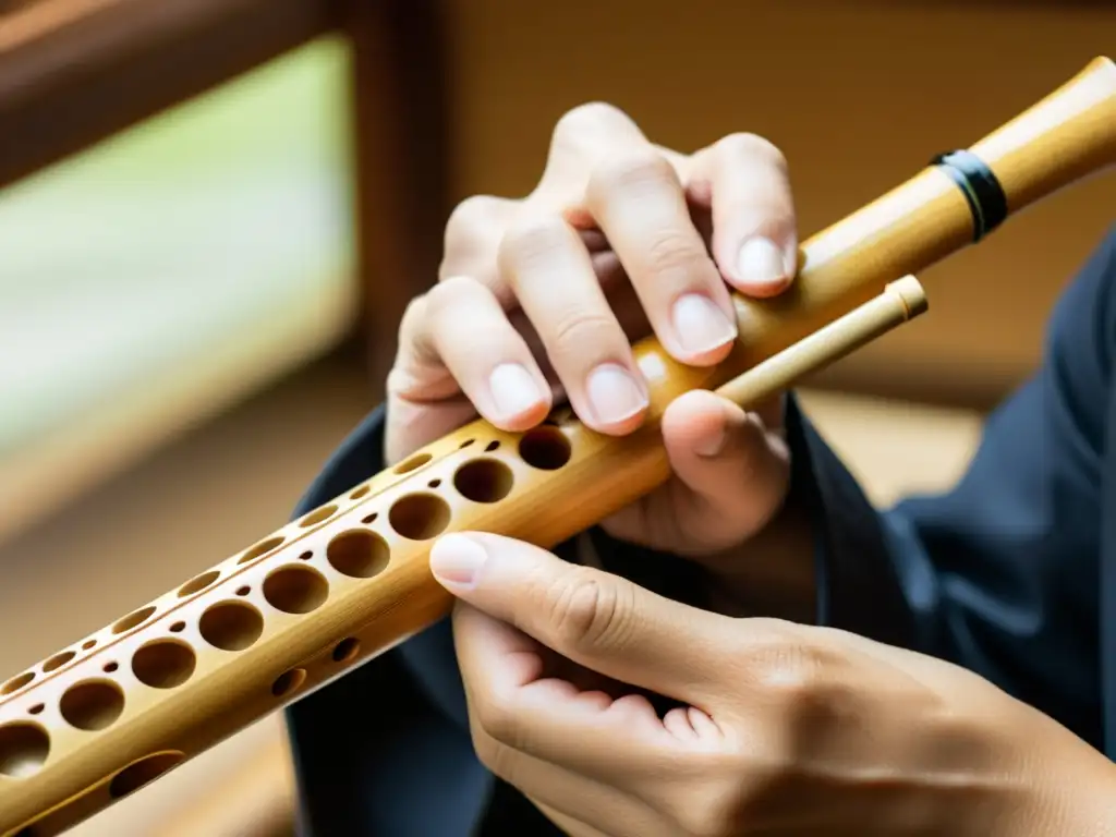 Un artesano experto da forma a un shakuhachi japonés con dedicación y destreza, resaltando la historia y sonido del shakuhachi