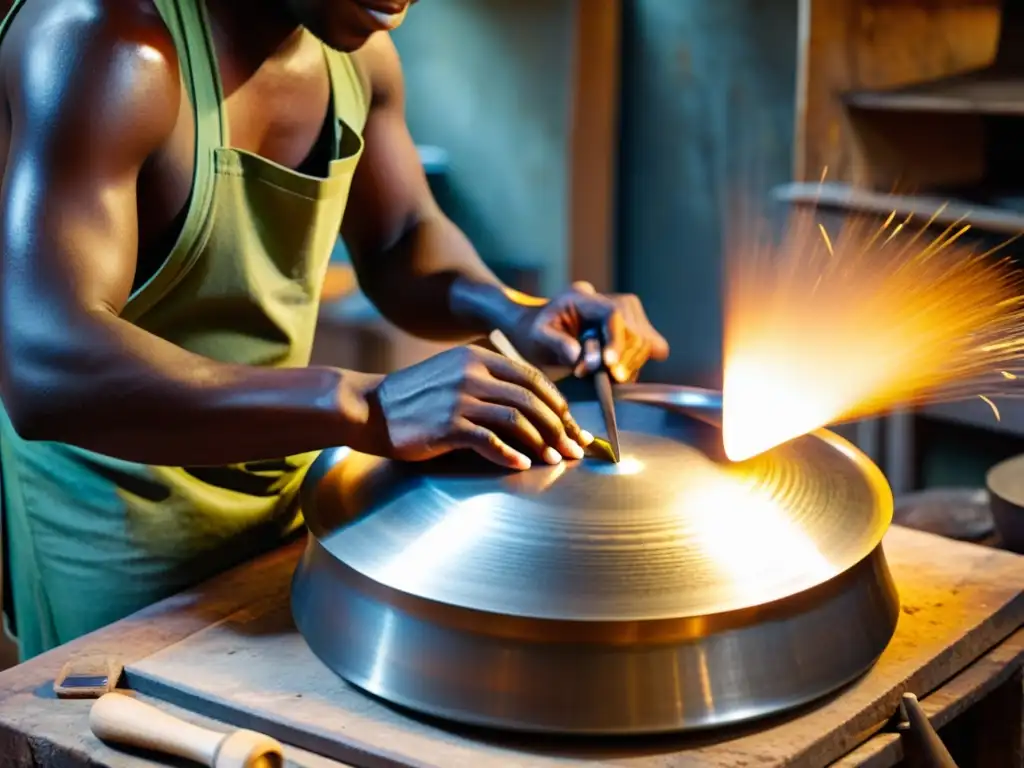 Un artesano experto da forma a un steelpan tradicional en un taller, rodeado de herramientas y materiales