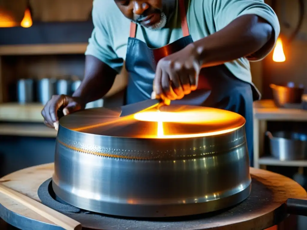 Un artesano experto da forma a un steelpan con precisión, destacando la tradición y el origen del steelpan