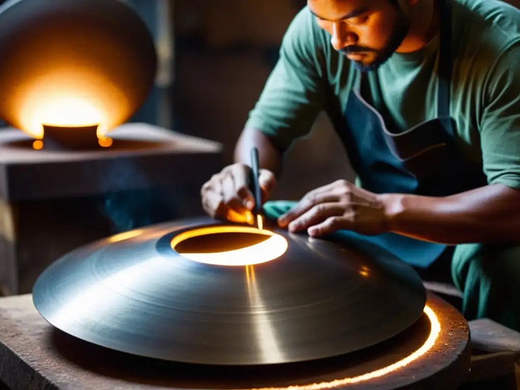 Un artesano experto da forma a una handpan en un taller, con reflejos de luz en el metal