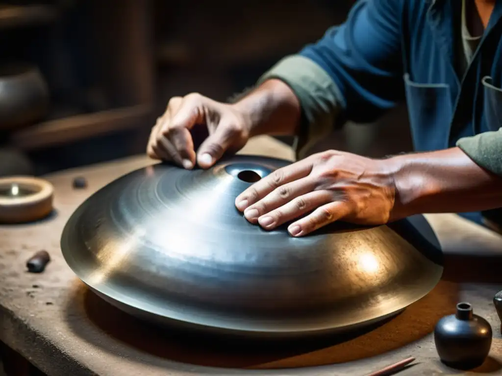 Un artesano experto da forma a una handpan con precisión en un taller