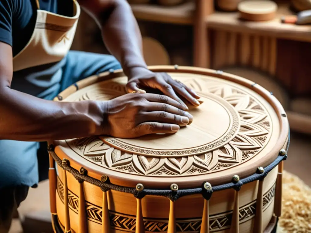 Un artesano experto da forma a una tumbadora con herramientas precisas, resaltando el origen y construcción de tumbadora con destreza artesanal