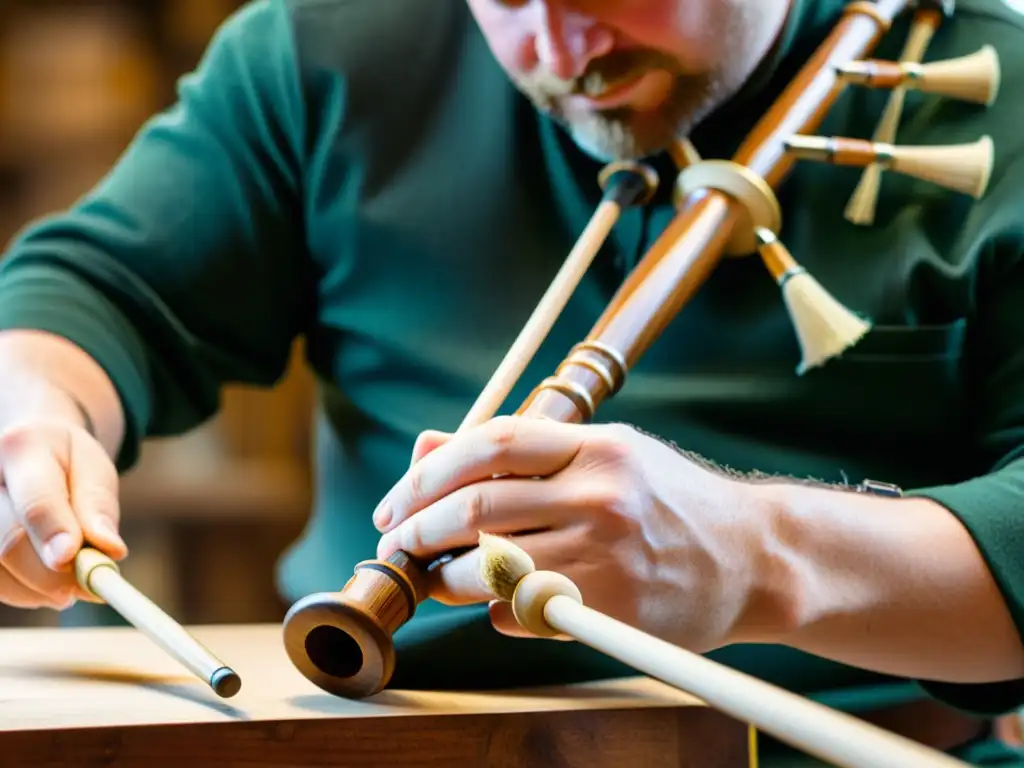 Un artesano experto construyendo una gaita escocesa, mostrando su dedicación y destreza en el taller