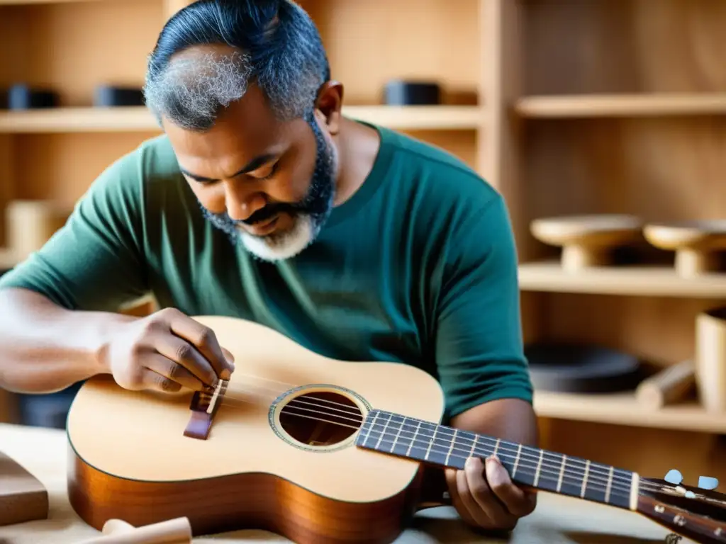 Un artesano experto crea una guitarra acústica de madera en un taller ecológico con materiales sostenibles