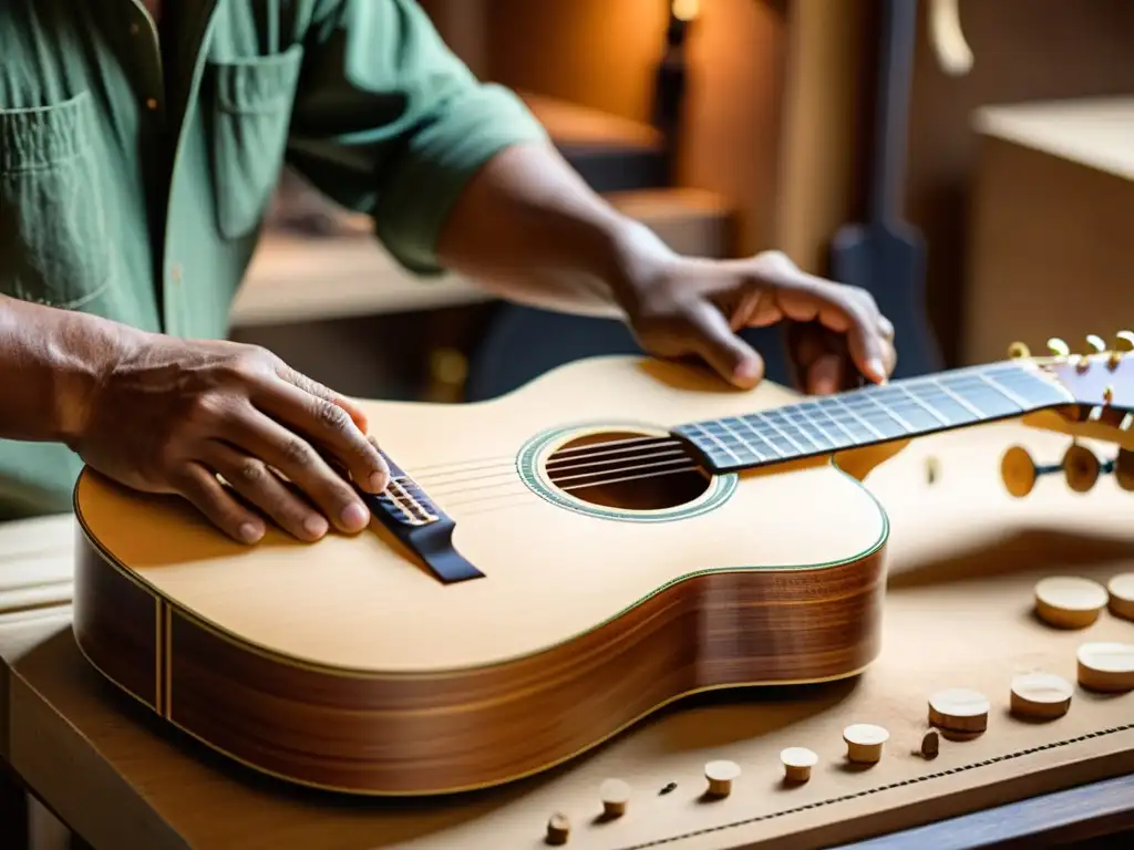 Artesano experto elaborando una guitarra eco-friendly con madera sostenible, destacando la conexión entre la música y la sostenibilidad ambiental