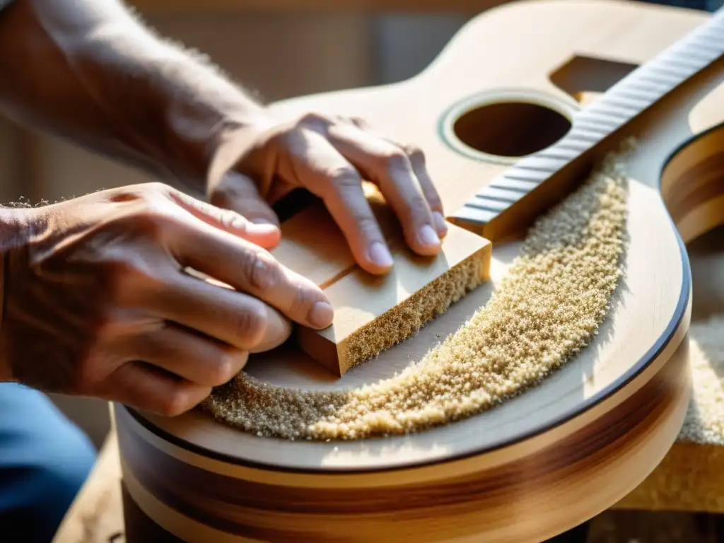 Un artesano experto crea una guitarra de madera sostenible