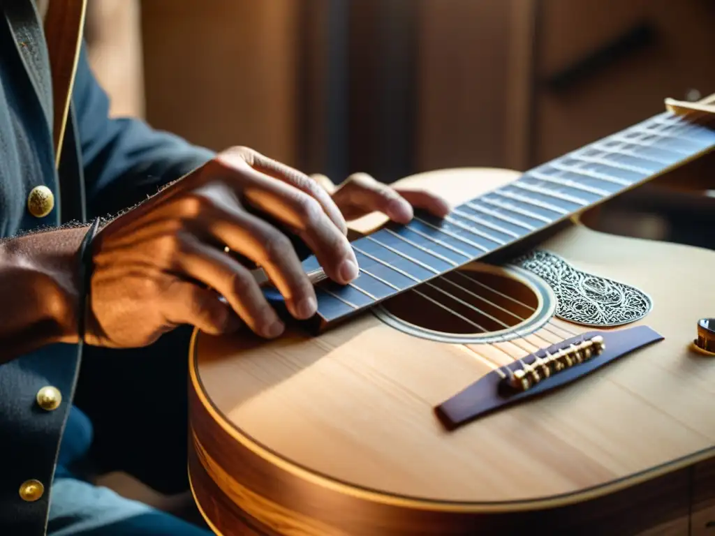 Un artesano experto elabora una guitarra tradicional con materiales alternativos