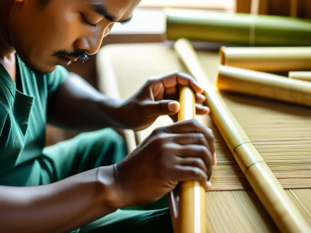 Un artesano experto talla un instrumento musical de bambú con meticulosidad y destreza, creando una pieza única llena de autenticidad y artesanía