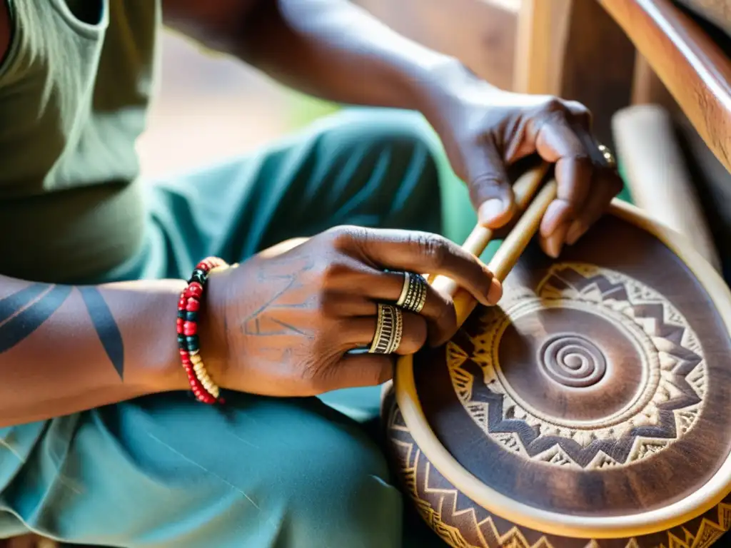 Un artesano experto crea un instrumento musical indígena con materiales naturales, mostrando su profundo vínculo con la herencia cultural