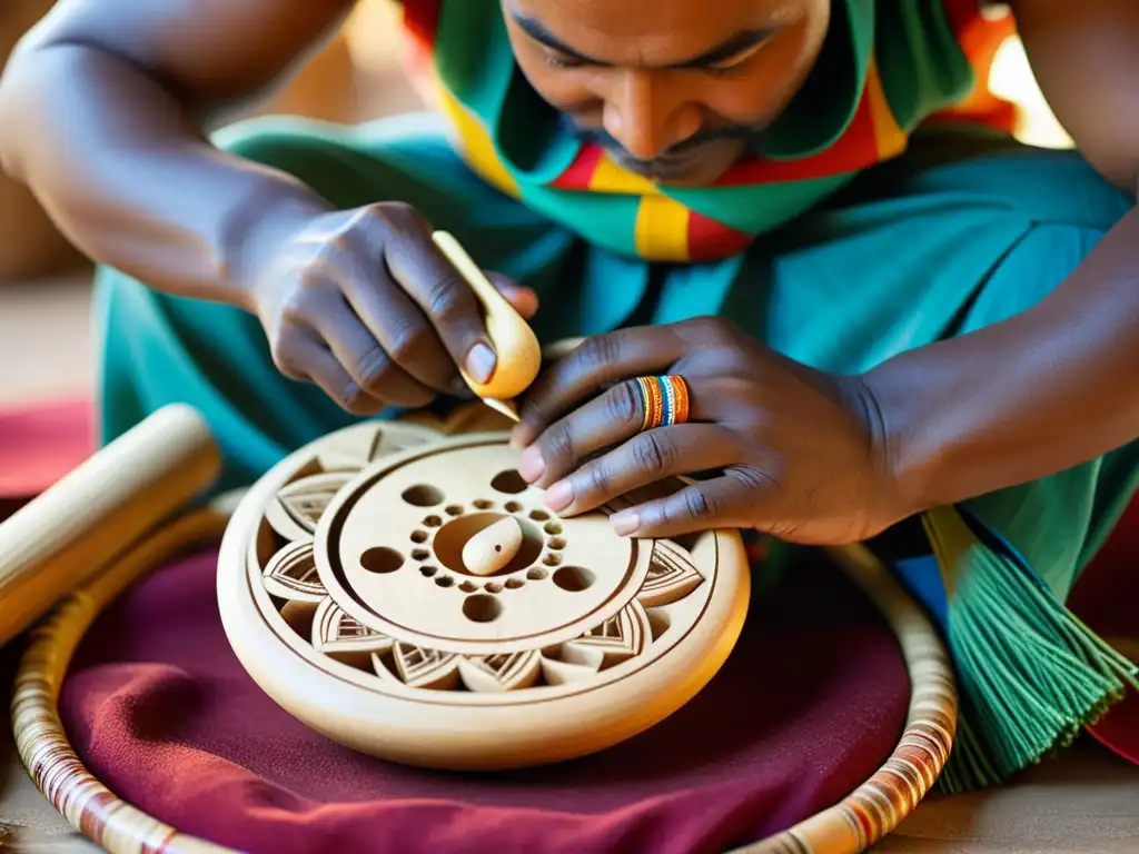 Un artesano experto elabora un instrumento musical nativo rodeado de textiles vibrantes y materiales naturales