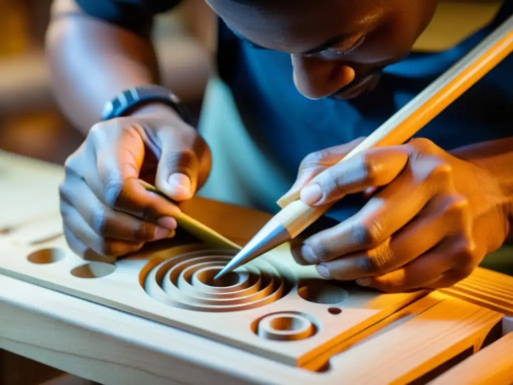 Un artesano experto creando un instrumento musical único con impresión 3D, capturando la precisión y el arte en madera