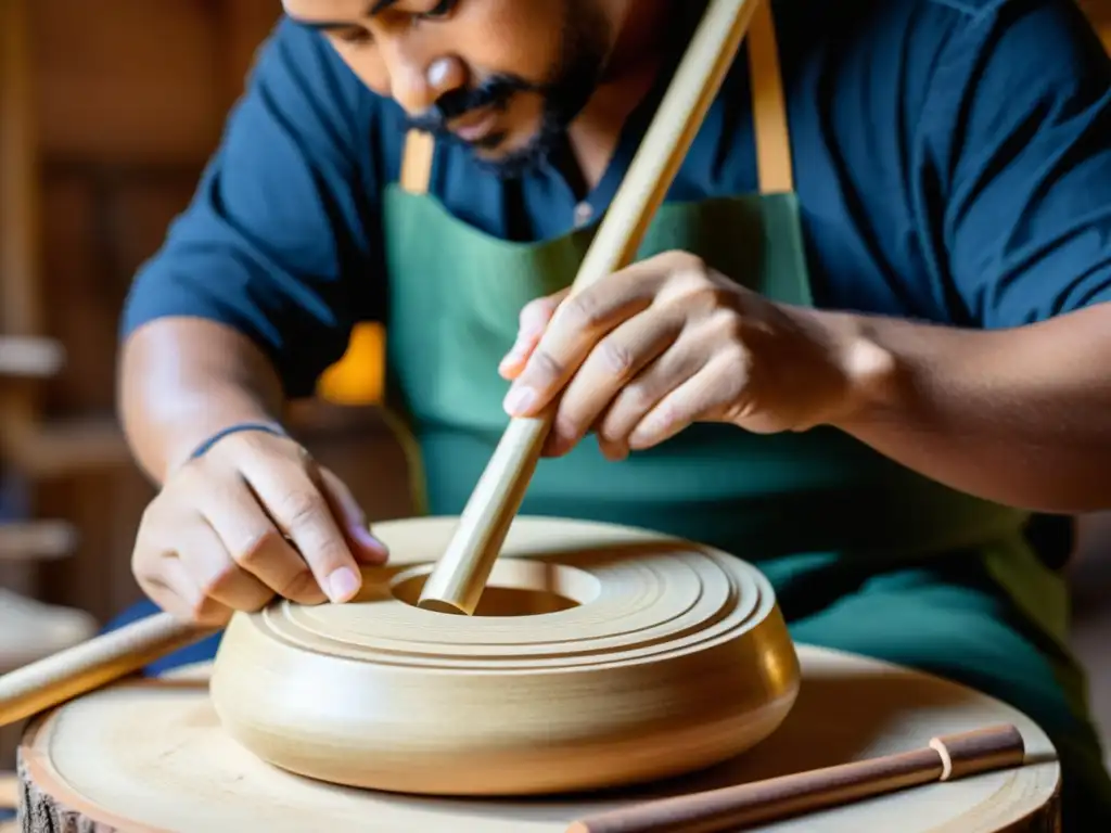 Un artesano experto elabora un instrumento musical con materiales alternativos en su taller, mostrando destreza y pasión