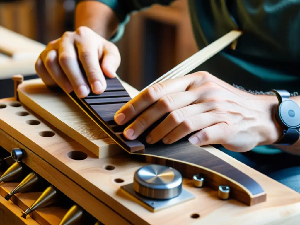 Un artesano experto crea un instrumento musical sostenible reciclado con madera recuperada, transmitiendo dedicación y artesanía