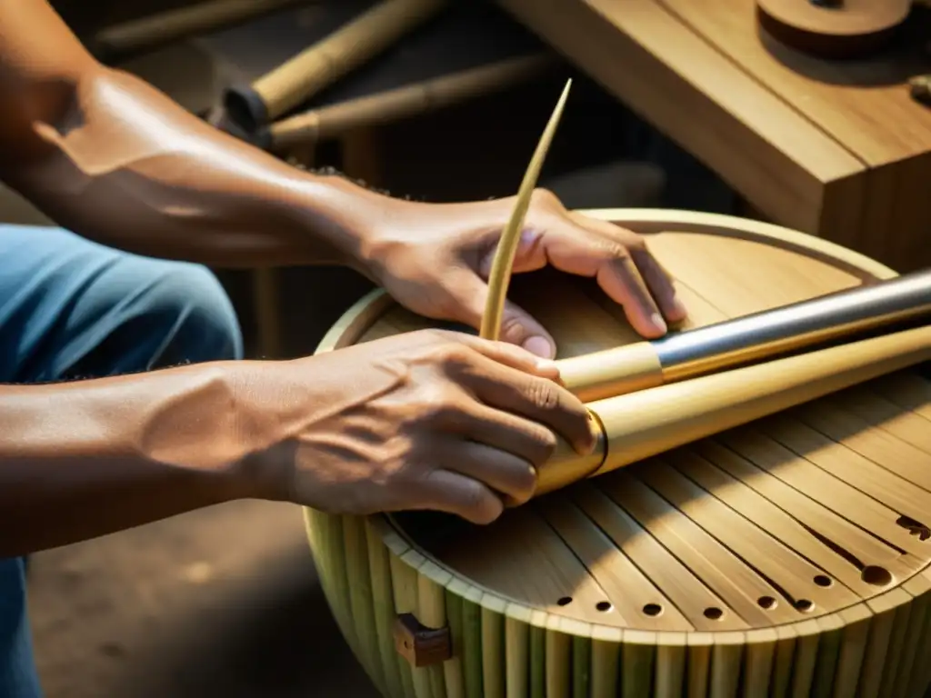 Un artesano experto elabora un instrumento musical imitando sonidos naturales con materiales sostenibles como el bambú, la madera y metal reciclado