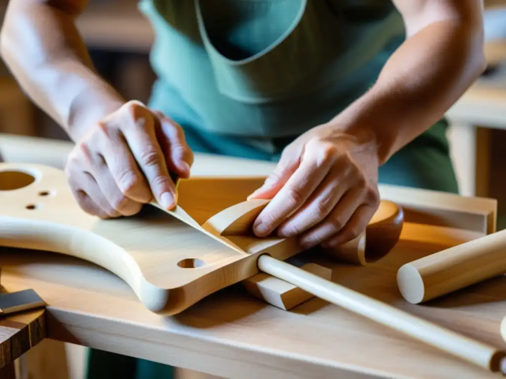 Un artesano experto crea un instrumento musical sostenible con diseño ergonómico, destacando la artesanía y la sostenibilidad