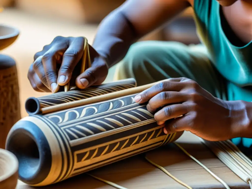 Artesano precolombino creando instrumento ancestral Un artesano experto crea un instrumento de viento precolombino con técnicas tradicionales en un taller, evocando un renacimiento cultural