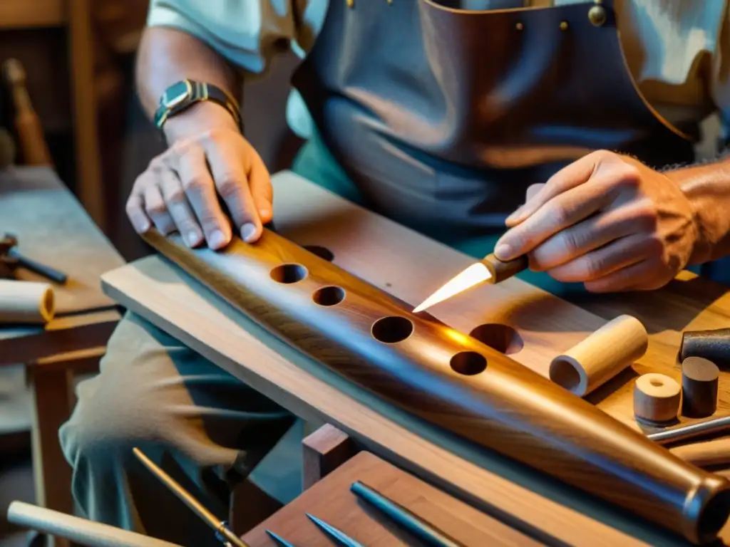 Un artesano experto moldea con maestría un instrumento de viento de madera, rodeado de herramientas y materiales