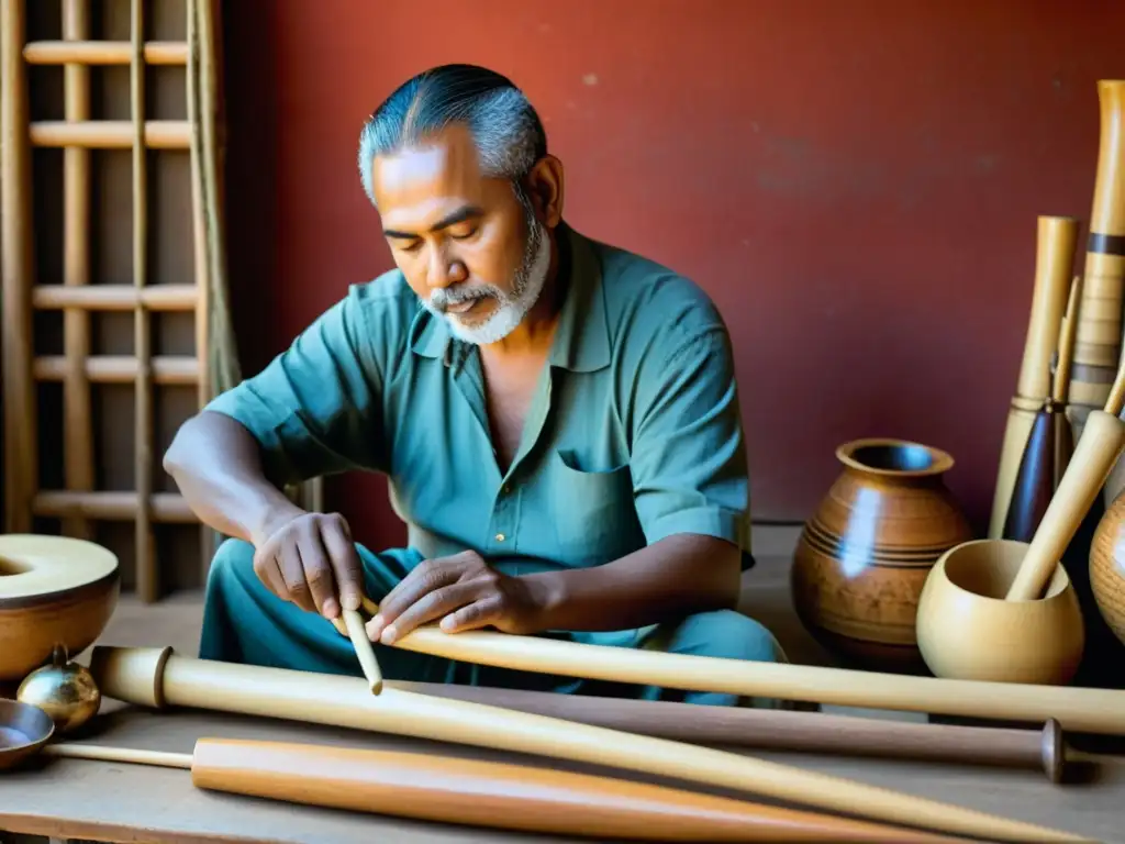 Un artesano experto conserva instrumentos musicales étnicos con dedicación y maestría en un taller cálido y envolvente