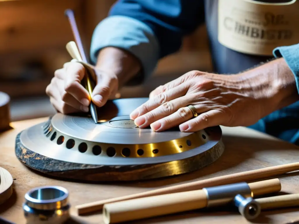 Un artesano experto crea instrumentos musicales hechos materiales reciclados con destreza y pasión, inmerso en su arte bajo una cálida luz natural