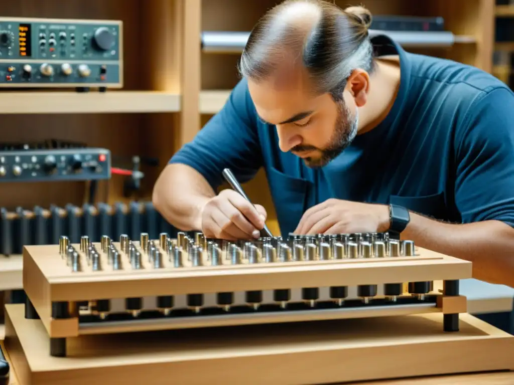 Un artesano experto ensambla con precisión instrumentos musicales digitales en un taller lleno de herramientas y equipos