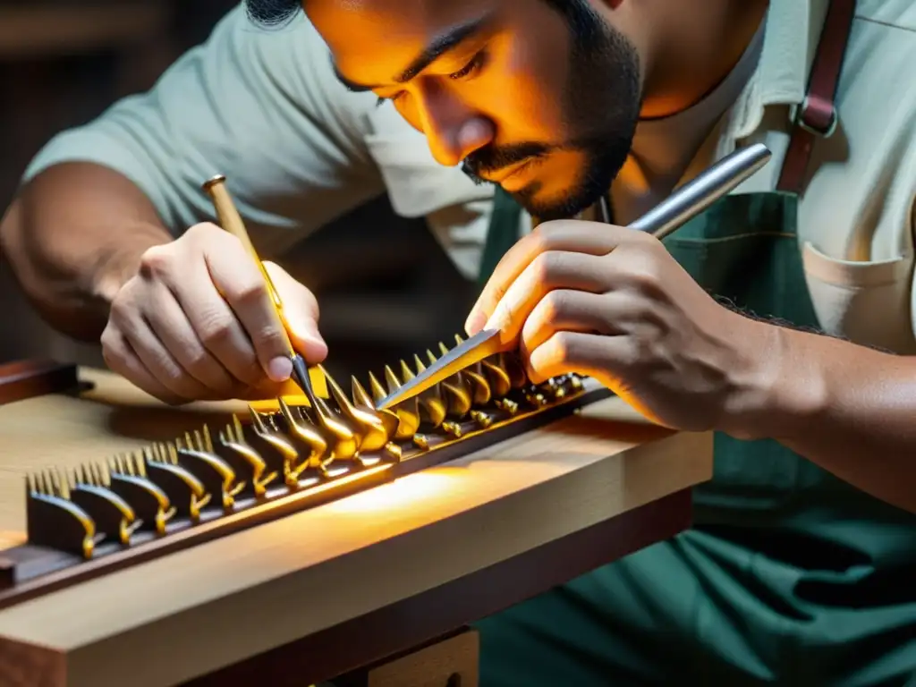 Un artesano experto ensambla con precisión las intrincadas piezas de un Helicón, iluminado por la cálida luz de su taller