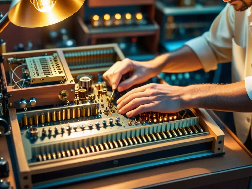 Un artesano experto ensambla con precisión las intrincadas piezas de un melotrón vintage, rodeado de delicados cables y componentes electrónicos